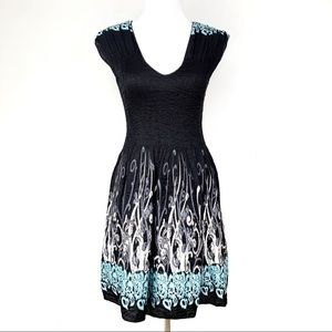 Max Studio Smocked Jacquard Print Cap Sleeve Dress